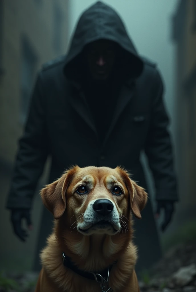 A crying dog and behind a bad man