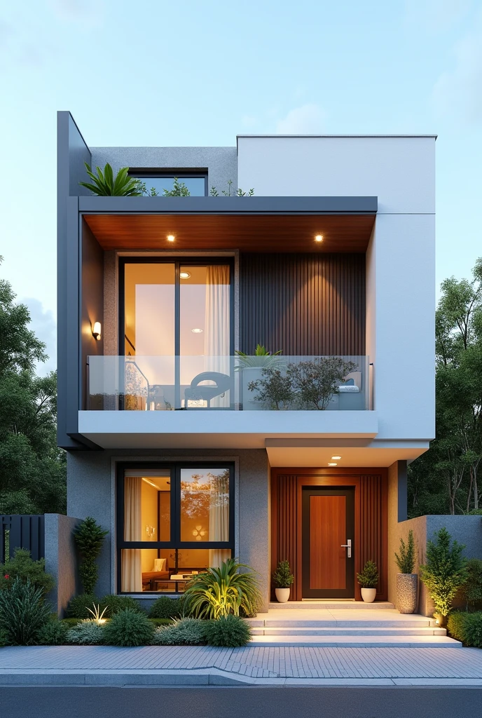 duplex moderne avec un seul etage construit sur 10m de large . avec un balcon et une façade avec des disingne realiste. avec de belle couleur