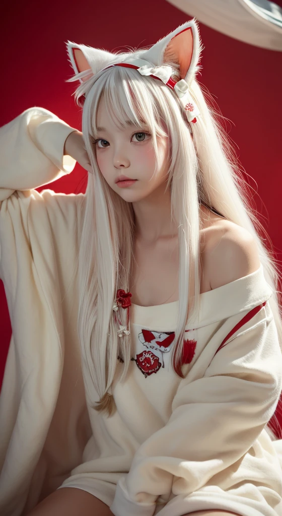masterpiece, highest quality , enlightenment,1 perfect portrait of a girl, A fascinating eye for perfect detail, colorful hair, (Red+white soft hair:1.6), (Cat ears:1.3), Fantasy red background, {exposed bare shoulders} ,{long-term alienation_sleeve}, {lean forward a little}, If you look up, hair ornaments, {shy },please shut your mouth, head tilt, movie lighting, oversized clothes, ((seductive pose)), 