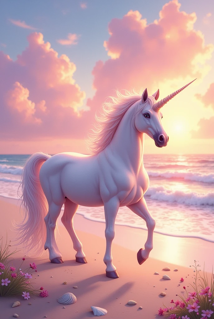 Spawns a unicorn on a beach with pink tones 

