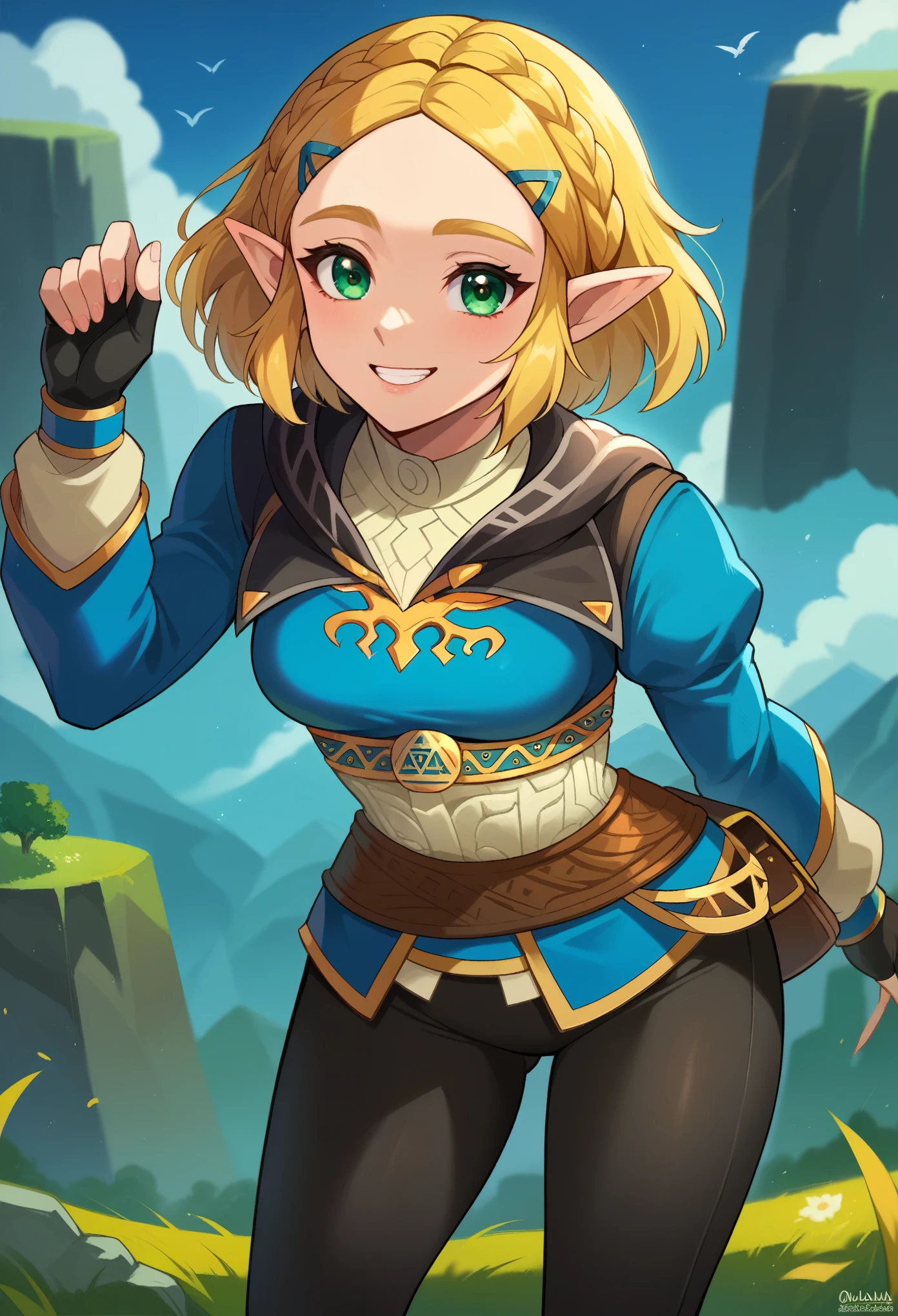 score_9, score_8_up, score_7_up, 1girl, solo, ZeldaSDXL, princess zelda, short hair, bangs, parted bangs, blonde hair, green eyes,pointy ears, black capelet, blue shirt, puffy sleeves, long sleeves, fingerless gloves, black gloves, black pants, tight pants, standing,  leaning forward, smiling, looking at you, landscape, 