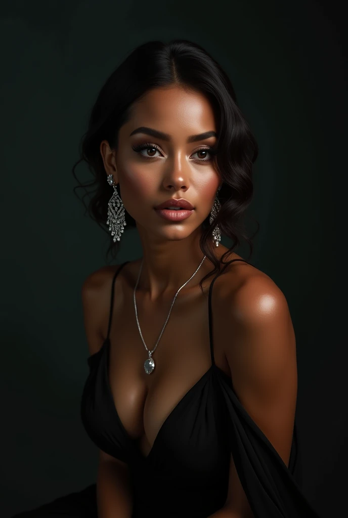 A photorealistic full body shot of Skin Diamond, beautiful detailed eyes, beautiful detailed lips, extremely detailed face and skin, long eyelashes, elegant expression, perfect skin texture, intricate jewelry, dark moody lighting, cinematic composition, dramatic chiaroscuro lighting, rich color palette, masterpiece, best quality, 8k, ultra-detailed, realistic, photo-realistic, elegant long dress, full body shot, high heels