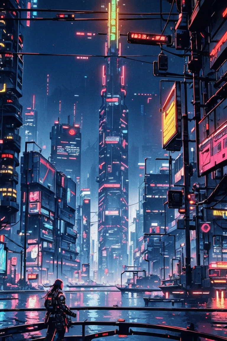 ((Cyberpunk future)), image of the center of a cyberpunk city, surrounded by buildings with a river in the middle, ferry in the city, yellow ferry, point crossing the city, advertising signs everywhere, retro future