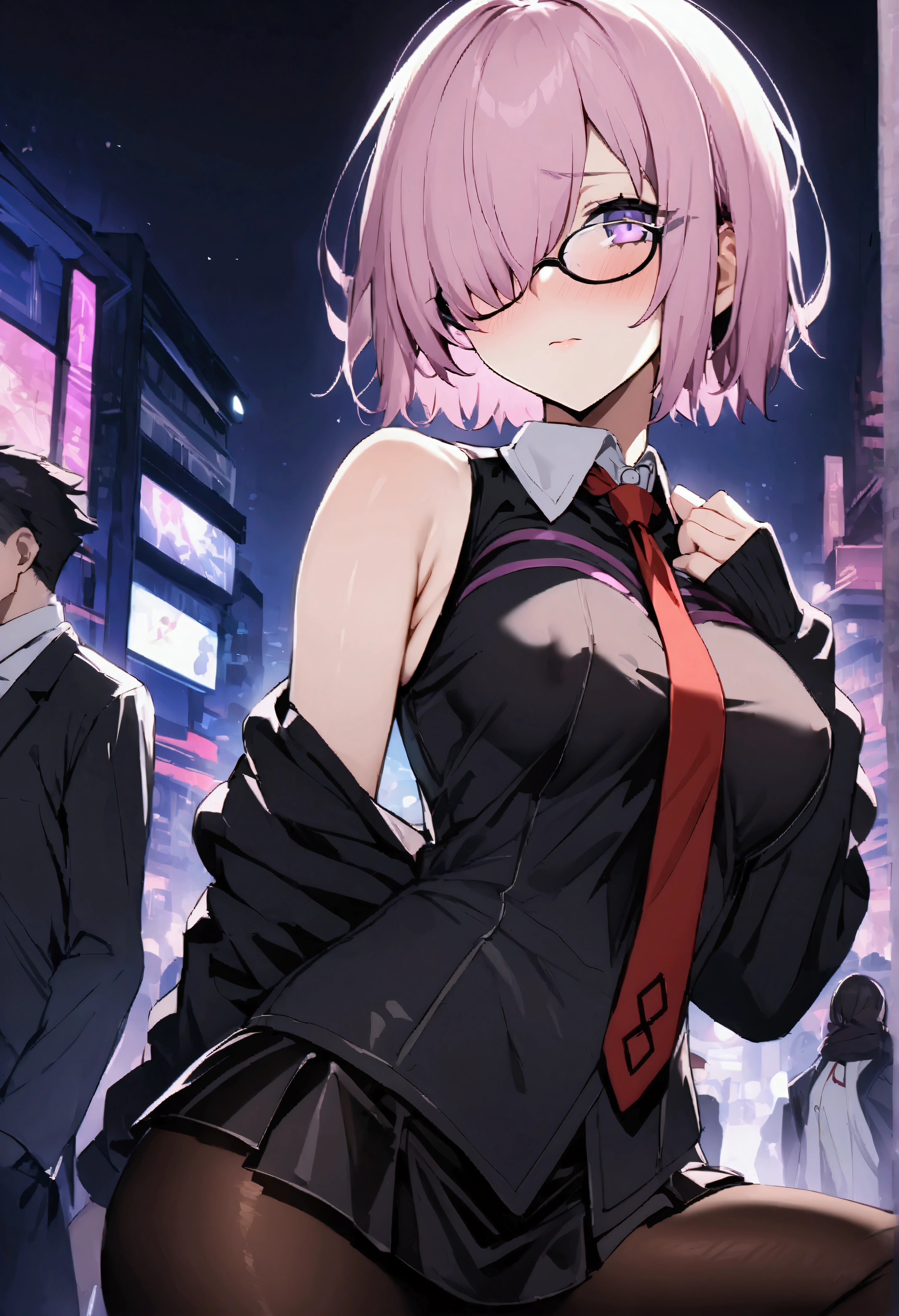 NSFW,masterpiece,Highest quality,High resolution,Very detailed,Mash Kyrielight\(Fate/grandorder\),short hair,Purple Eyes,Pink Hair,(Hair over one eye:1.2),Glasses,Collared shirt,(White collar:1.1),Black Shirt,tie,赤いtie,No sleeve,Off the shoulder,mini skirt,Black Skirt,(Black Pantyhose:1.2),Nightlife,cyber punk