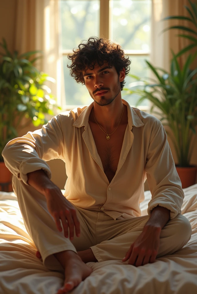 (photorealism:1.2), beautiful 176cm tall, square face shape men, sitting on bed, wearing loose off-shoulder top, pajama pants, short curly hair, indoors, soft lighting, plants in background, window with sunlight, cozy room, relaxed pose, realistic, intricate details, warm colors, by Greg Rutkowski, by Alphonse Mucha