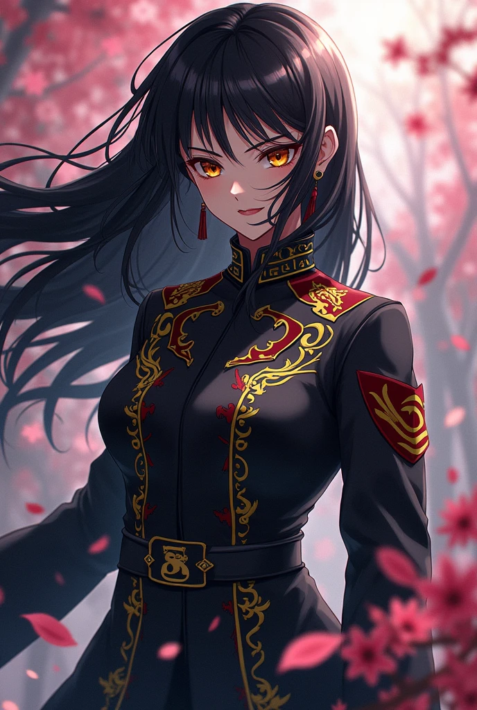 Create a woman with the anime style of Kimetsu no Yaina who has black hair, golden eyes and is dressed in the demon slayer uniform