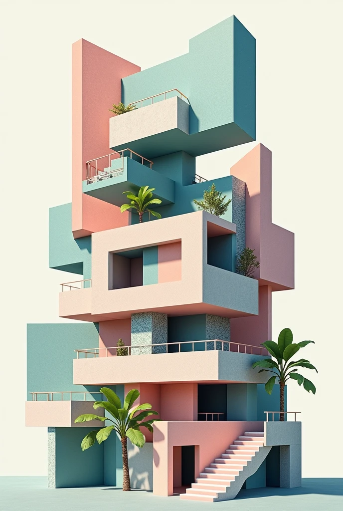 Deconstructivist architecture collage, pastel colors blue, green and pink. abstract