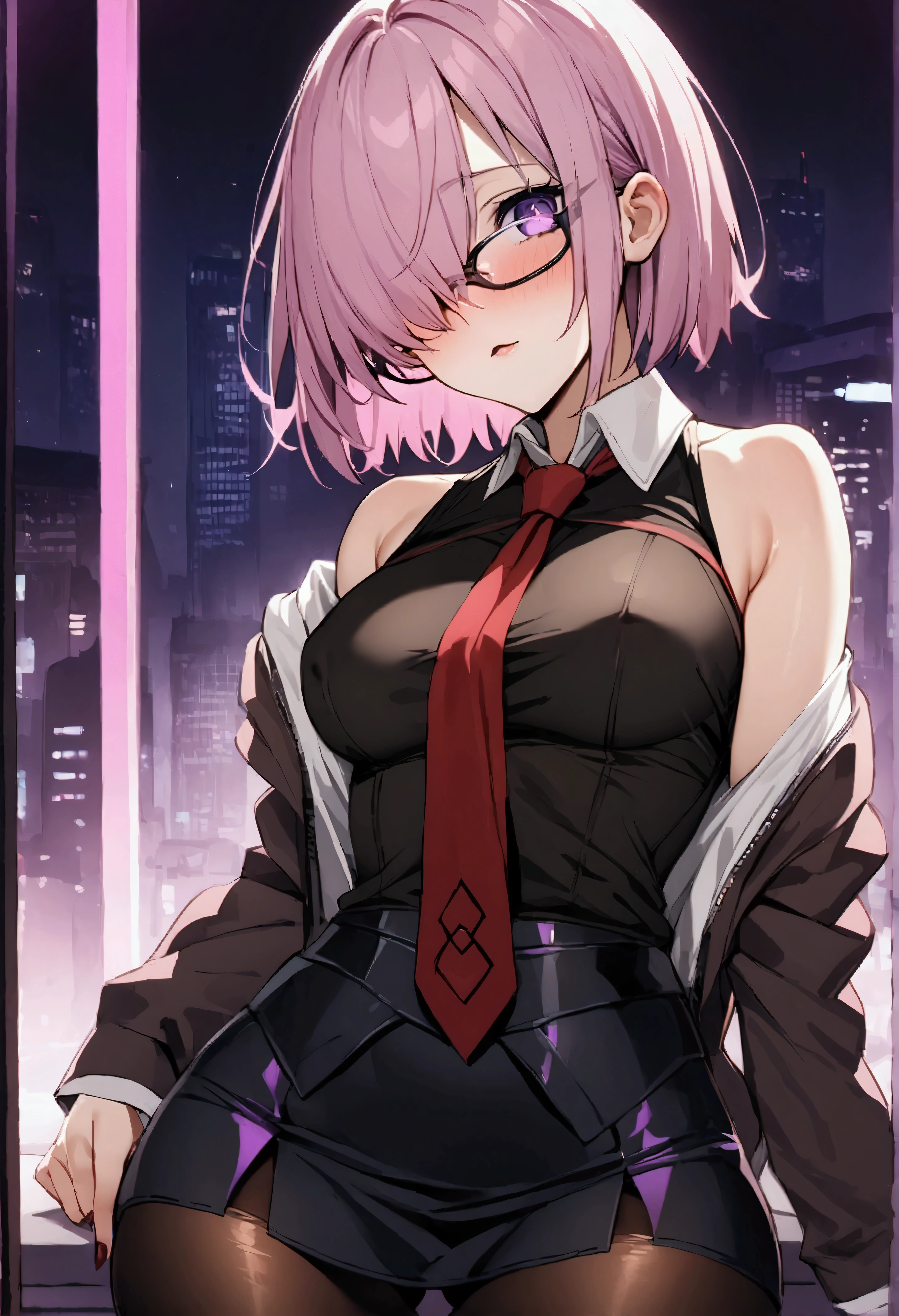 NSFW,masterpiece,Highest quality,High resolution,Very detailed,Mash Kyrielight\(Fate/grandorder\),short hair,Purple Eyes,Pink Hair,(Hair over one eye:1.2),Glasses,Collared shirt,(White collar:1.1),Black Shirt,tie,赤いtie,No sleeve,Off the shoulder,mini skirt,Black Skirt,(Black Pantyhose:1.2),Nightlife,cyber punk