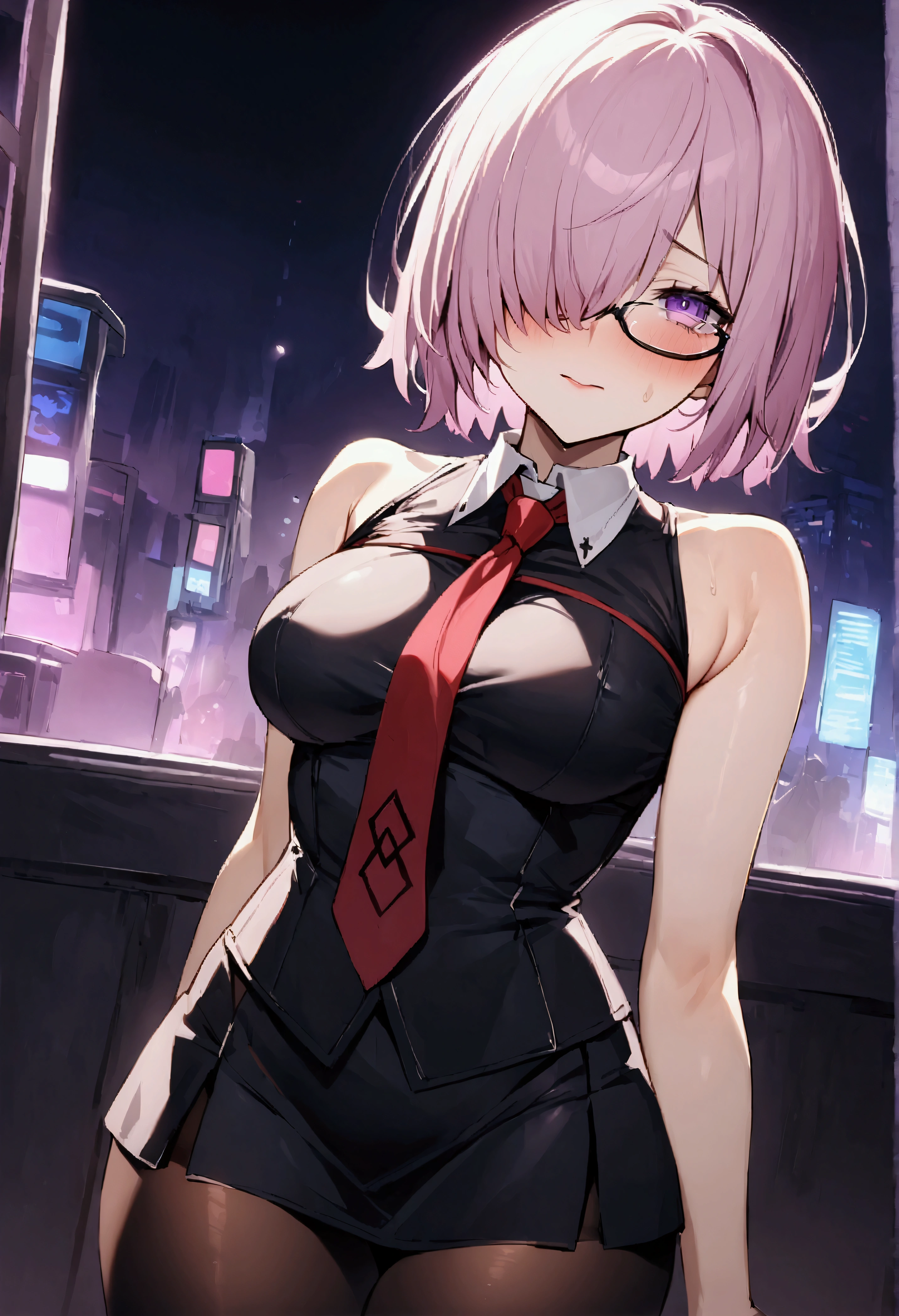 NSFW,masterpiece,Highest quality,High resolution,Very detailed,Mash Kyrielight\(Fate/grandorder\),short hair,Purple Eyes,Pink Hair,(Hair over one eye:1.2),Glasses,Collared shirt,(White collar:1.1),Black Shirt,tie,赤いtie,No sleeve,Off the shoulder,mini skirt,Black Skirt,(Black Pantyhose:1.2),Nightlife,cyber punk