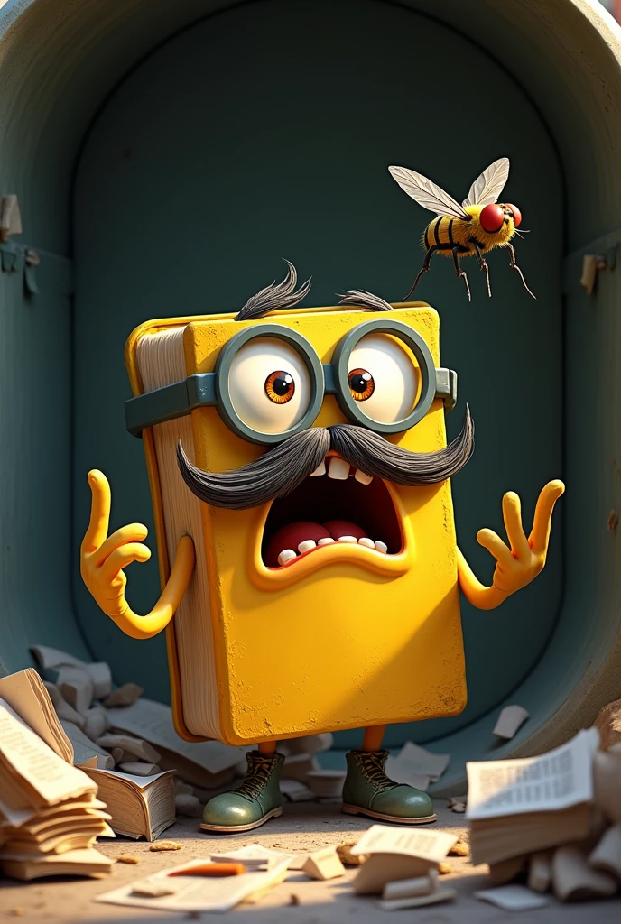 Create a pixar style image of a yellow book with glasses eyes mustache mouth that is desperately listing things with its fingers while talking to an unwise fly, with a garbage can interior background 