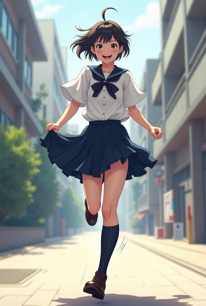 Create a  boy wearing school girl clothes and long socks while he is running and his skirt is lifted up 