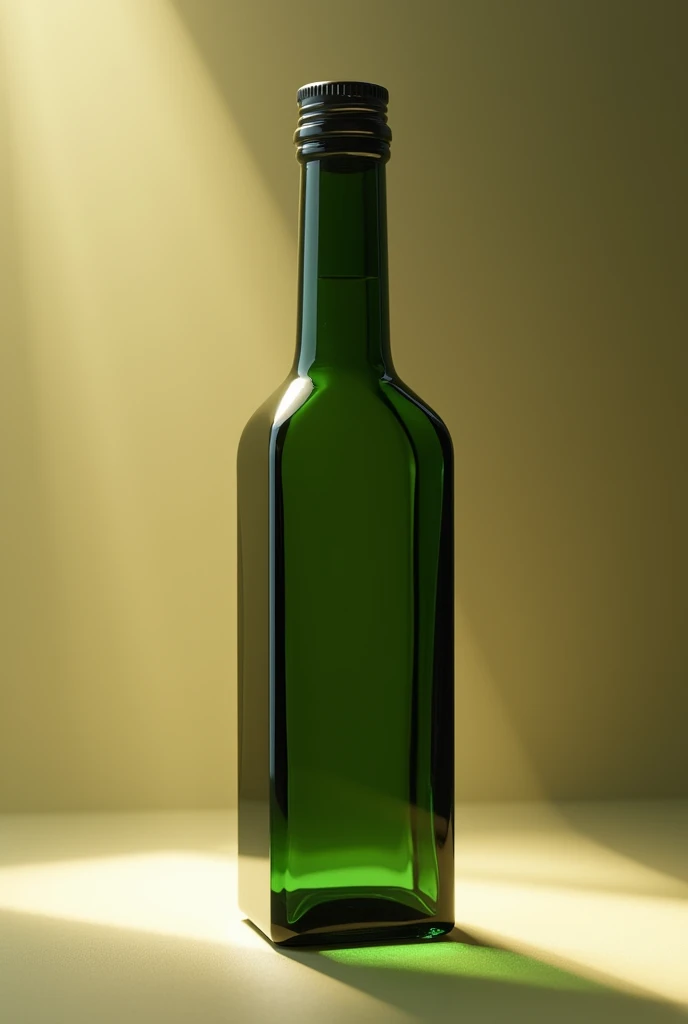Realistic dark transparent green slim oil bottle with octagonal base and body for mockup, I want the same bottle of Olivetto brand extra virgin olive oil, that the bottle has the same characteristics as the Olivetto brand, but is thinner in the middle, without a bottom and the light is shining directly on it