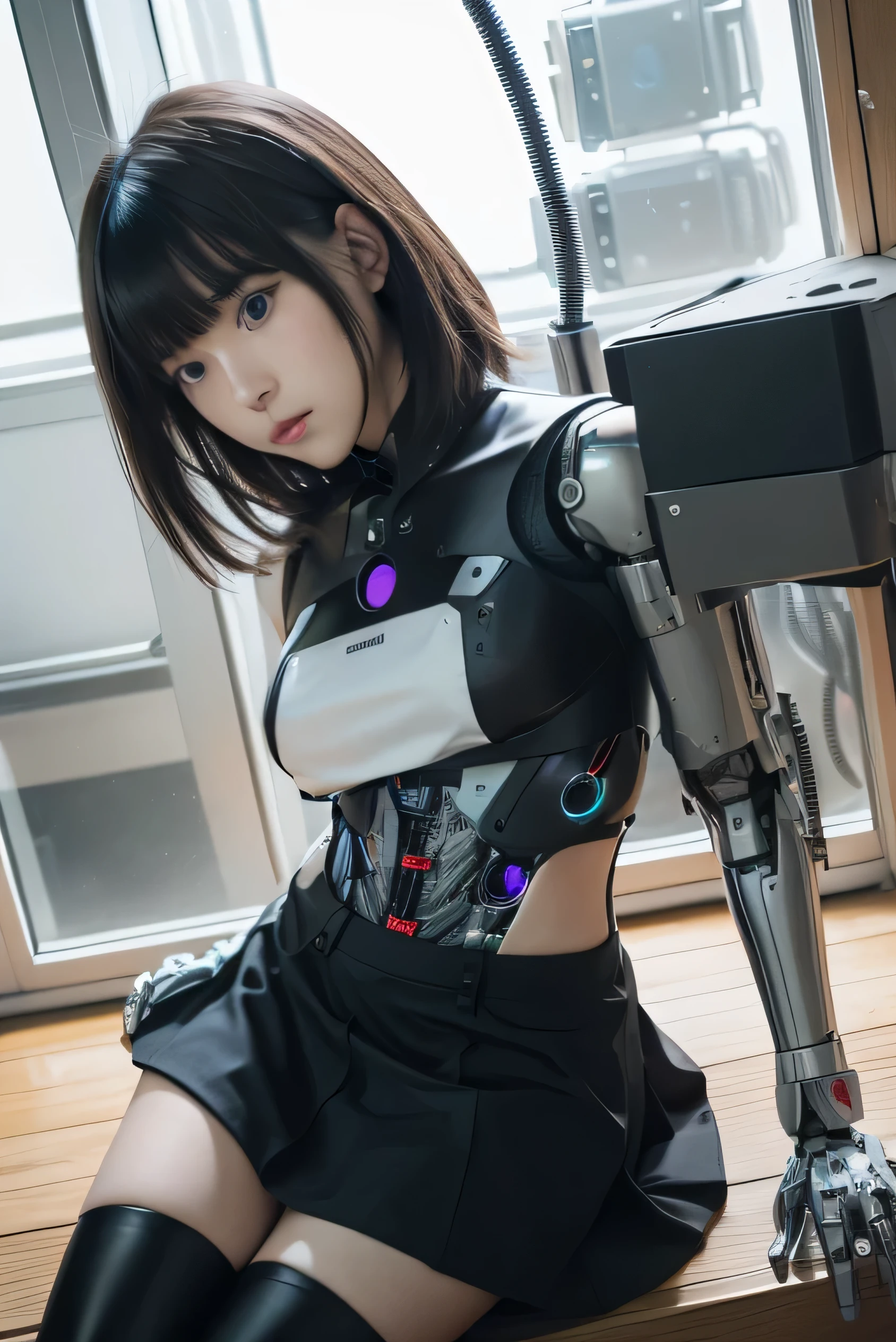 high quality, realistic masterpiece, girl laying down on bed with legs tied and wrists bound, Beautiful small skinny girl with cute face showing legs, innocent and playful eyes, Wearing neon futuristic robotic tactical shear armor cyberpunk suit with cutouts, abs, Famous actresses of Japan, beautiful face, bdsm, tied up, cyberpunk, tattoo, skirt