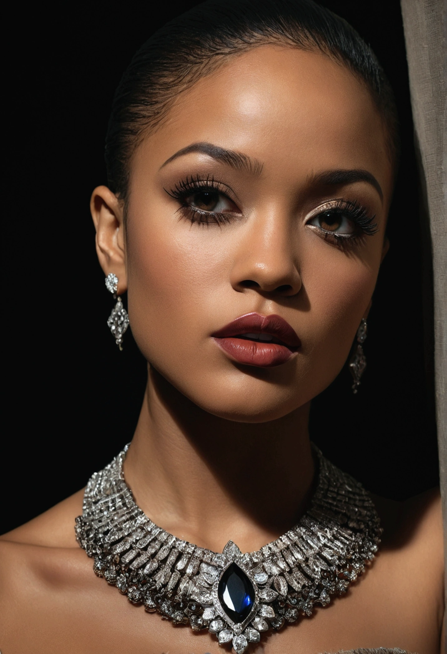 A photorealistic full body shot of Skin Diamond, beautiful detailed eyes, beautiful detailed lips, extremely detailed face and skin, long eyelashes, elegant expression, perfect skin texture, intricate jewelry, dark moody lighting, cinematic composition, dramatic chiaroscuro lighting, rich color palette, masterpiece, best quality, 8k, ultra-detailed, realistic, photo-realistic, elegant long dress