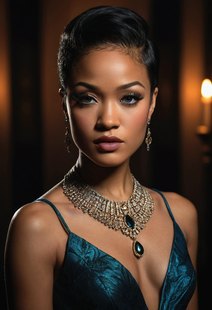 A photorealistic full body shot of Skin Diamond, beautiful detailed eyes, beautiful detailed lips, extremely detailed face and skin, long eyelashes, elegant expression, perfect skin texture, intricate jewelry, dark moody lighting, cinematic composition, dramatic chiaroscuro lighting, rich color palette, masterpiece, best quality, 8k, ultra-detailed, realistic, photo-realistic, elegant long dress