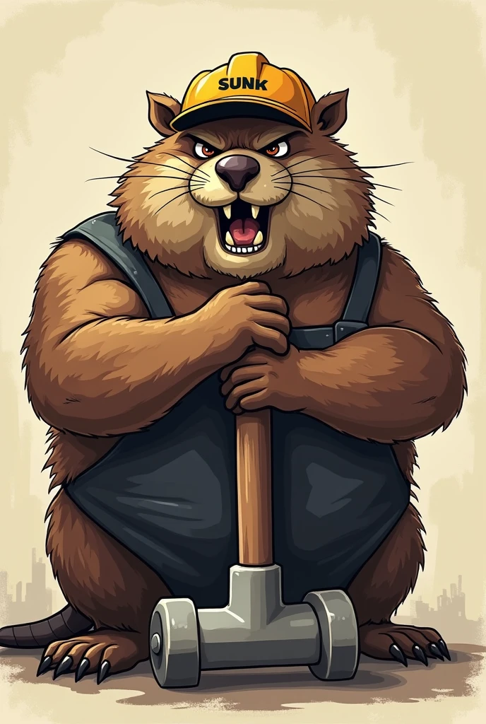 Generate a beaver with angry expressions, em 2d, he needs to be resting his arms on a sledgehammer, be strong and have a slightly thinner worker's cap
