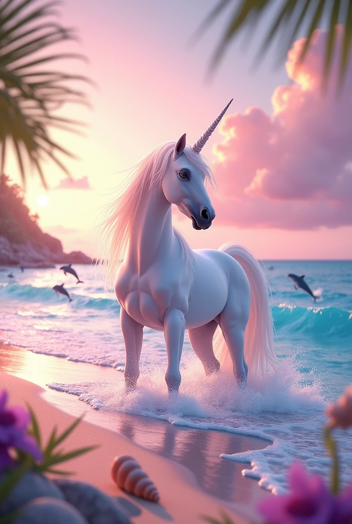 Spawns a unicorn on a beach with pink tones with dolphins in the background