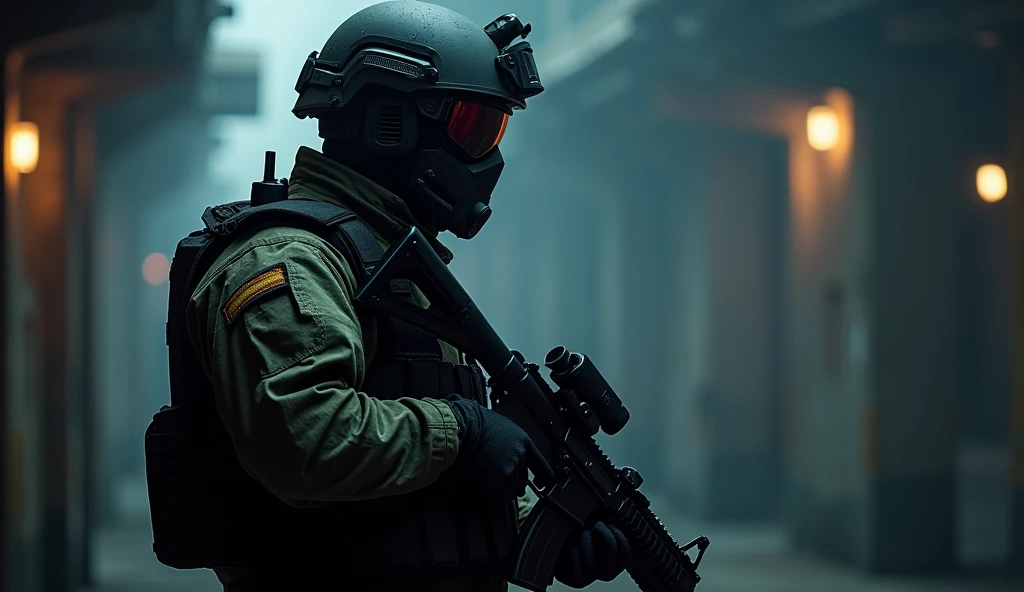 high quality photograph of a special forces operatives in full tactical gear, standing in a state of high alert. The atmosphere is dark and intense, with shadows and muted tones dominating the scene. Their faces are obscured by helmets and masks, while heavy body armor covers their shoulders. They hold professional weapons, ready to engage at any moment. The background is blurred, drawing attention to the intricate details of their equipment and amplifying the sense of focus and danger. The play of light and shadow adds drama, highlighting the tension of the moment.
