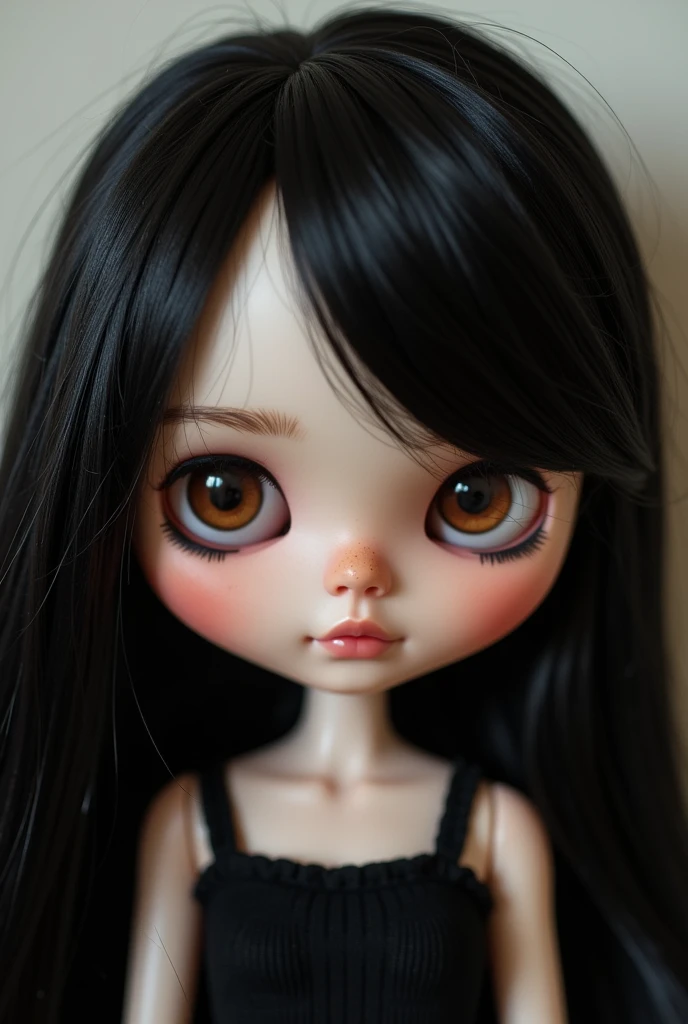 Blythe doll with slightly slanted brown eyes, long black hair without bangs  and small amount of hair, light skin but not too much  and a face with cheeks ,pointed nose and a black tank top 
