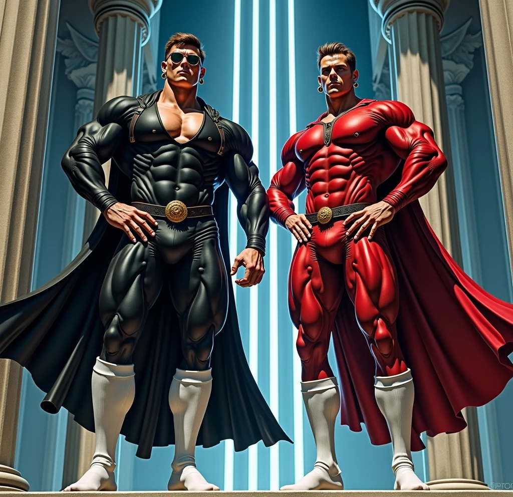 Two incredibly muscular men standing, next to each other, in a powerful and imposing pose. The man on the left is taller and slightly more muscular., He is clean shaven and wearing a black spandex suit that highlights his enormous physique., white thigh high soccer socks, a loose black cloak, round glasses and earrings.The man on the right, equally muscular, He wears a similar suit but in a vibrant red, also combined with white thigh-high football socks. Their bodies are symmetrical and perfectly defined., showing their strength and unity. The background is a majestic and otherworldly temple.