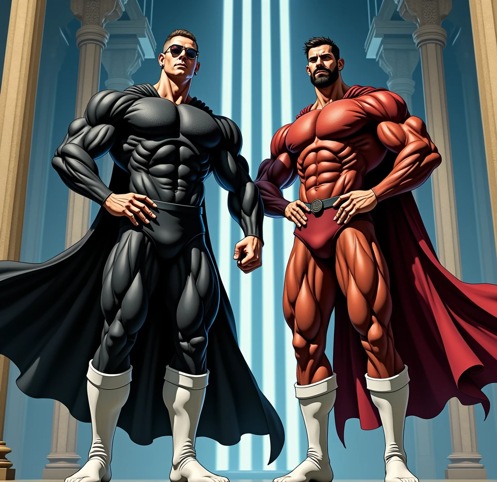 Two incredibly muscular men standing, next to each other, in a powerful and imposing pose. The man on the left is taller and slightly more muscular., He is clean shaven and wearing a black spandex suit that highlights his enormous physique., white thigh high soccer socks, a loose black cloak, round glasses and earrings.The man on the right, equally muscular, He wears a similar suit but in a vibrant red, also combined with white thigh-high football socks. Their bodies are symmetrical and perfectly defined., showing their strength and unity. The background is a majestic and otherworldly temple.