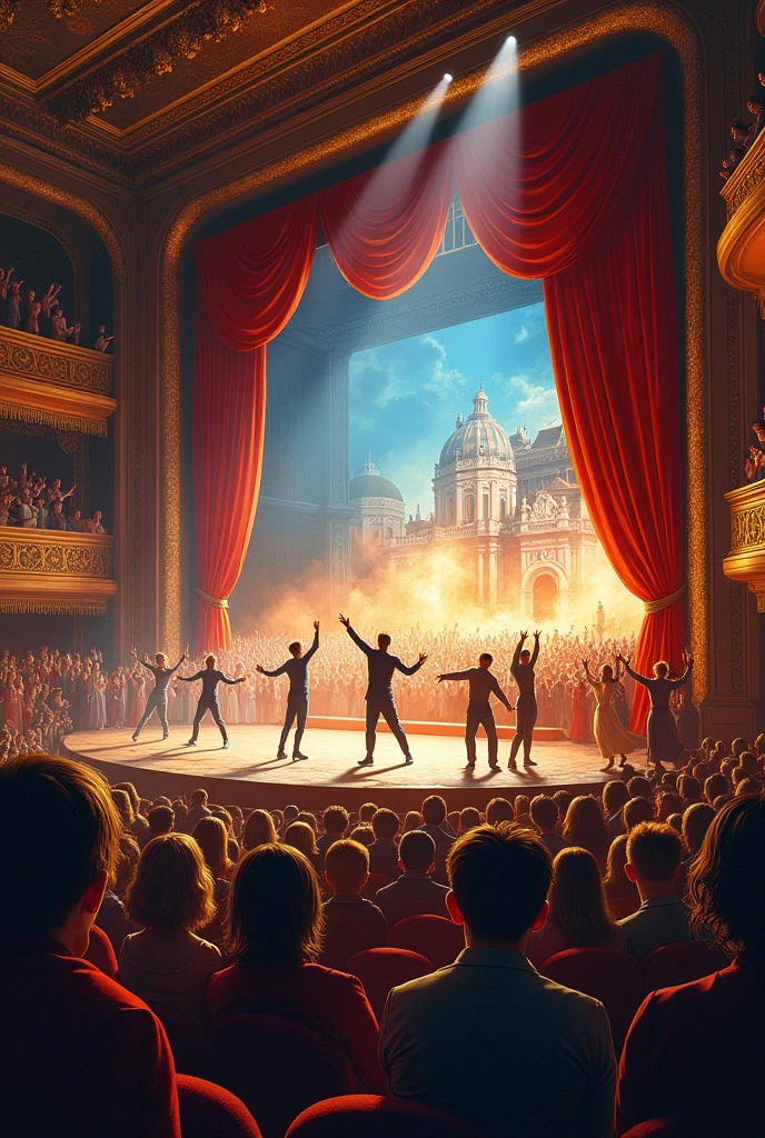 A large drawing showing the most important things in a theater,of the most lively performance