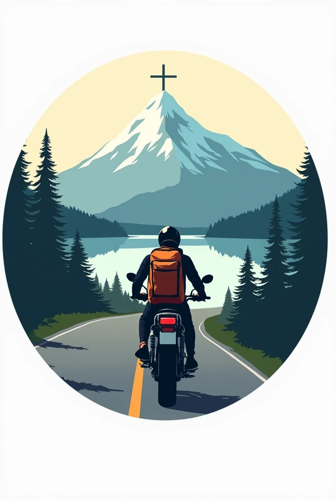 Circular logo of a biker riding a motorcycle from behind with a camping backpack on a road with a lake and a mountain with a cross in the distance and small trees that are not pine trees