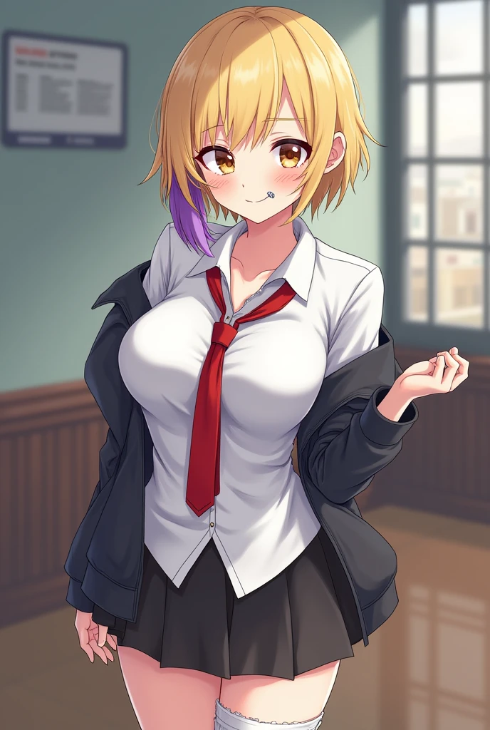 a blonde woman, a purple lock, short hair, somewhat pale skin, two piercings on both sides of her lower lip, several pricing in his right ear, collegiate clothing, drawing version yandere simulator video game, light brown eyes, one white and one black sock, big breasts, Her measurements are 90 bust, 60 waist and 90 hips.