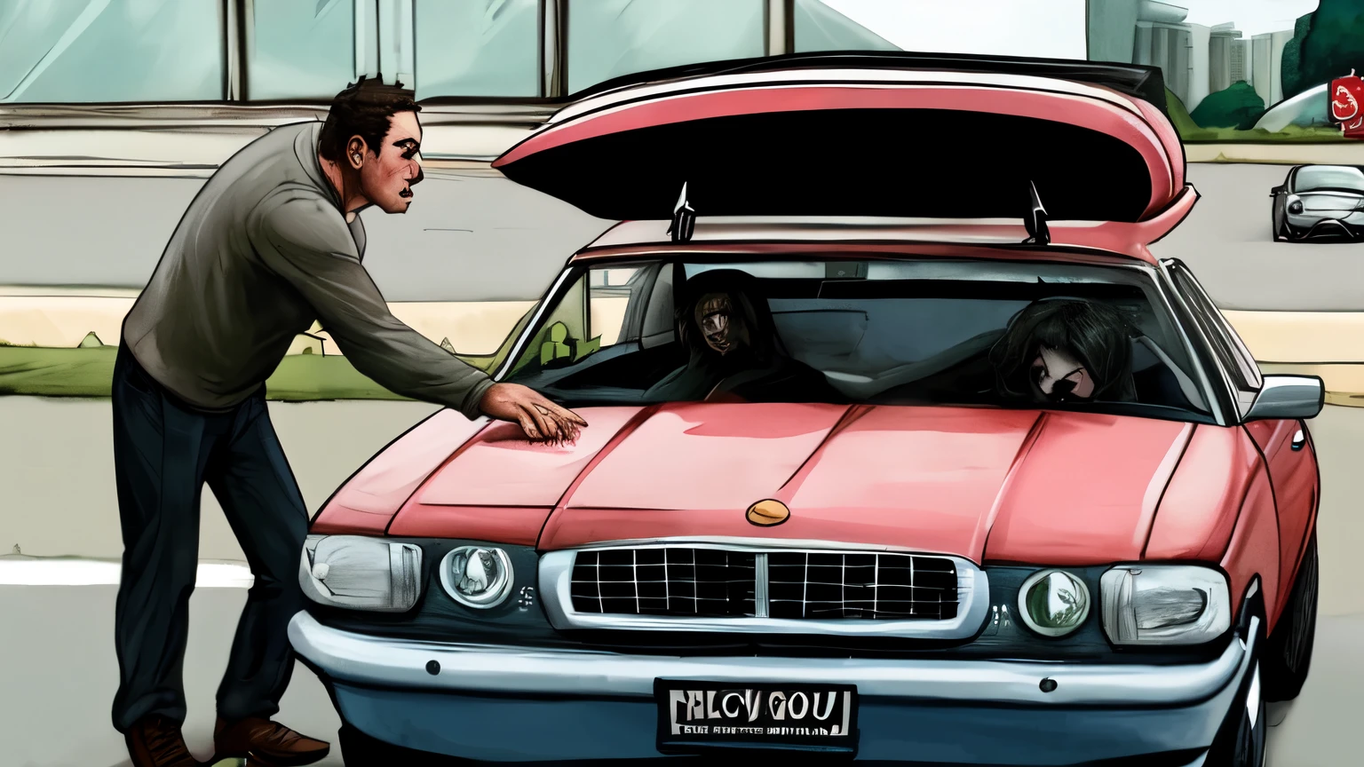  a man and a woman arguing, a car parked with the bottom open with several suitcases in the bottom of the car 