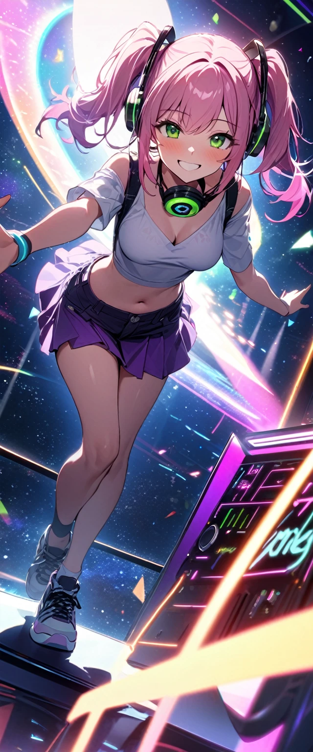 ​masterpiece, 1girl ((20year old, crop top shirt exposes navel, purple miniskirt, sneakers, medium breasts, multicolor pink hair, twin ponytails, green eyes, flirting, happy, big smile, looking up, headphones, a DJ , dance club, neon lighting and colorful, futuristic dance club, futuristic and exciting atmosphere)) ((solo)) ((high camera angle, top view)) playing in the moon, light, space scene, moonlit confession, galaxy, dark starry sky,
