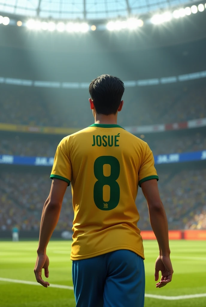 creates an image of a boy from behind with straight straight black hair, with the Brazilian team shirt with the name "Josué" and the number 8 and the boy walks around the stadium (realistic style, and better quality) (Josué: adult, 1 ,74)