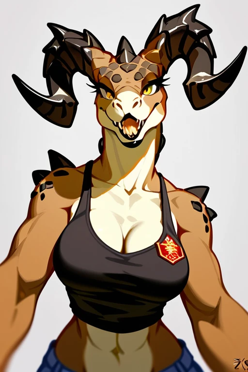 (((Masterpiece))), ((4k)), (best body), Solo, score_9,score_8_up,score_7_up, kemono style, Anthro deathclaw from fallout, Anthro reptile girl, snout, green scaled skin, gold eyes, black lips, black horns, black ram horns, athletic body, smiling, wearing brown laced tank top, pov, pov she is holding viewers face, pov she is holding viewer, simple grey background 