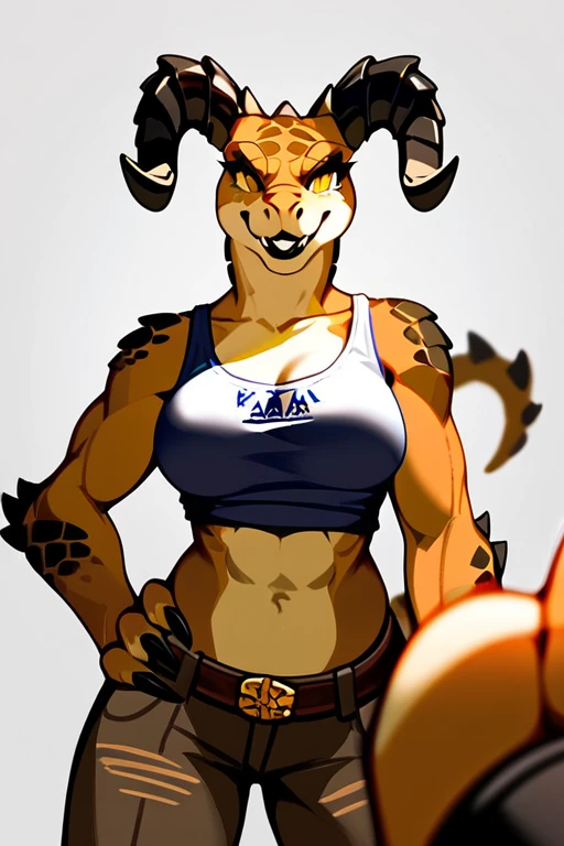 (((Masterpiece))), ((4k)), (best body), Solo, score_9,score_8_up,score_7_up, kemono style, Anthro deathclaw from fallout, Anthro reptile girl, snout, green scaled skin, gold eyes, black lips, black horns, black ram horns, athletic body, smiling, wearing brown laced tank top, pov, pov she is holding viewers face, pov she is holding viewer, simple grey background