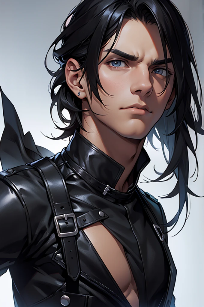 Young man with a serious expression, Caucasian skin, blackquality hair, long and smooth. With black leather clothes.