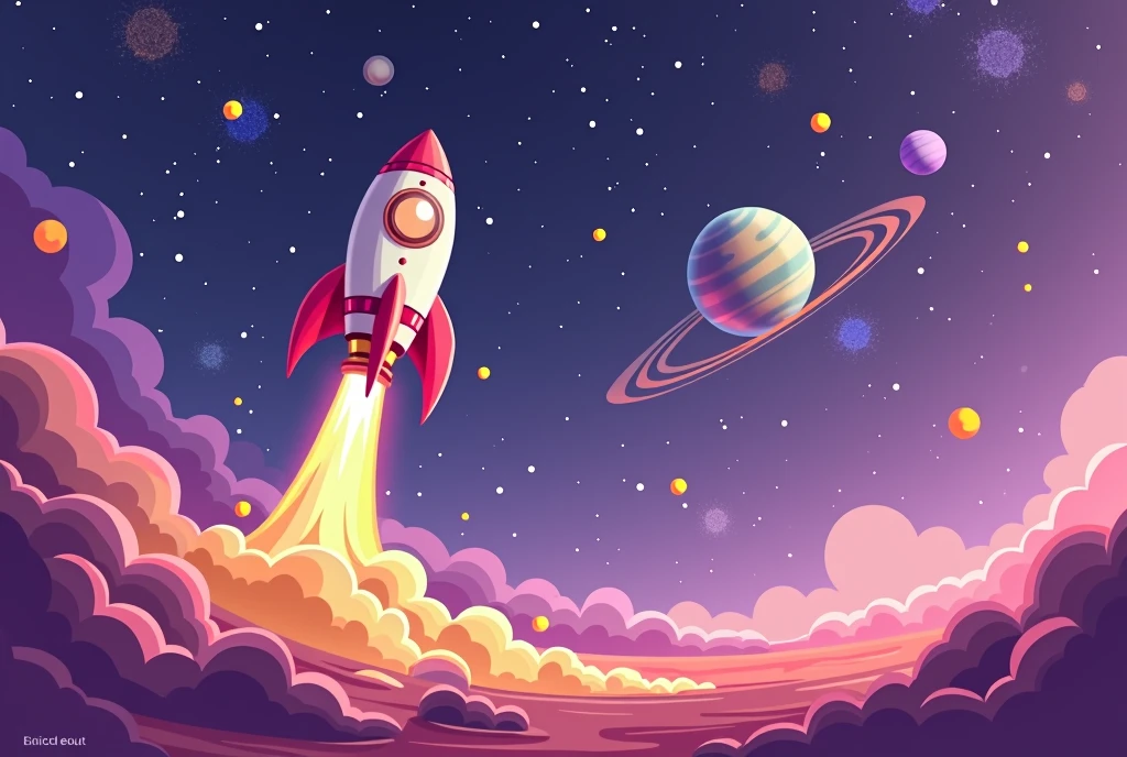 a cartoon rocket in the right corner taking off with space and planets in the background i want it to have a purple theme in landscape mode