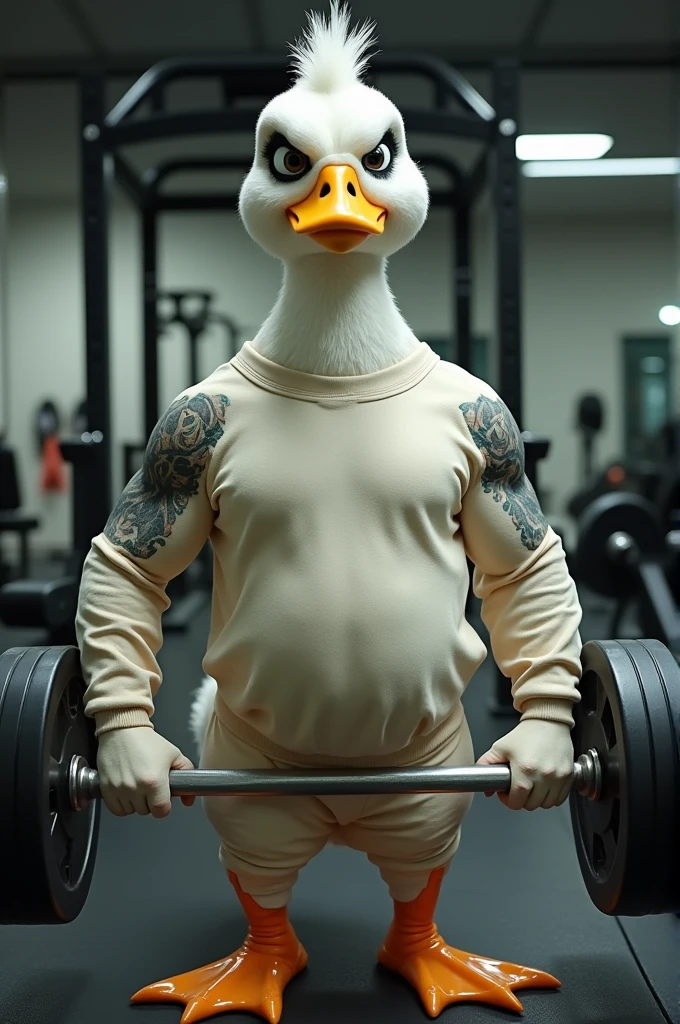 Full body image of ridiculous white duck with nasty and unfriendly face, with makeup. Very very short dark gray hair. Tattooed and muscular, wearing a beige sweatshirt and beige long-sleeved sports pants. Lifting weights in a GYM.
