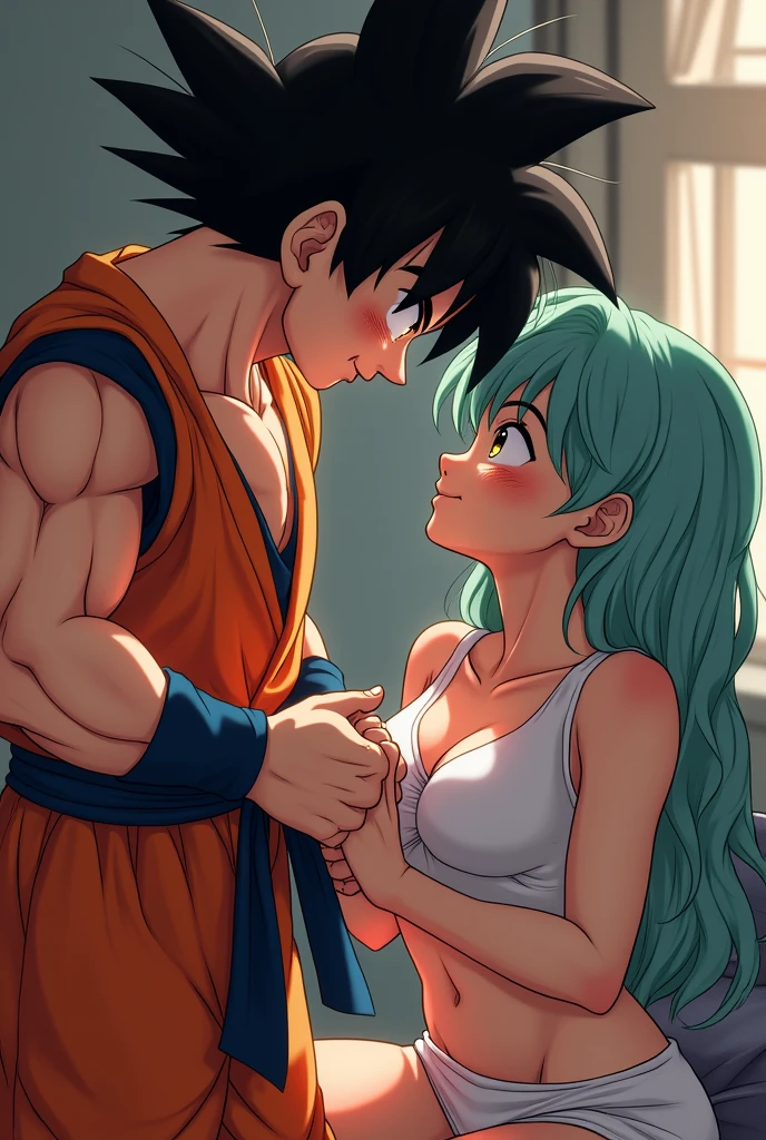 Goku taking off his clothes in front of Bulma, Bulma blushing