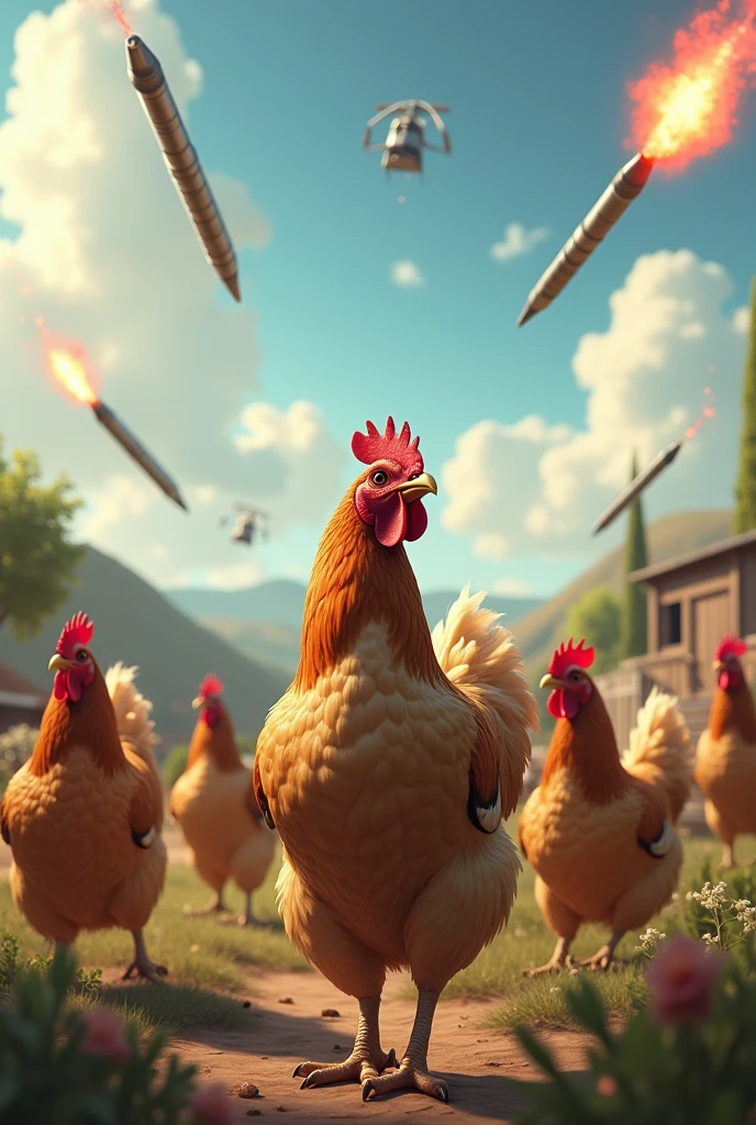 Generate a photo of Israeli chickens getting attacked by Hezbollah bombs