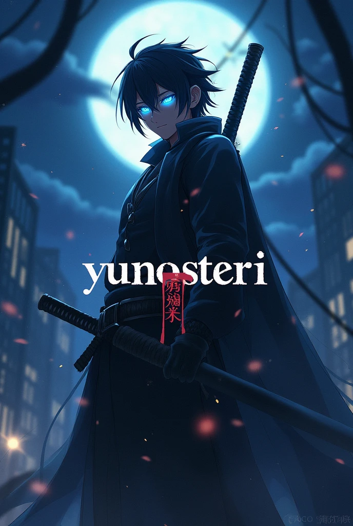 Man with black hair, whose eyes glow and a katana in the night in anime style, in the middle of the picture the word Yunosteri