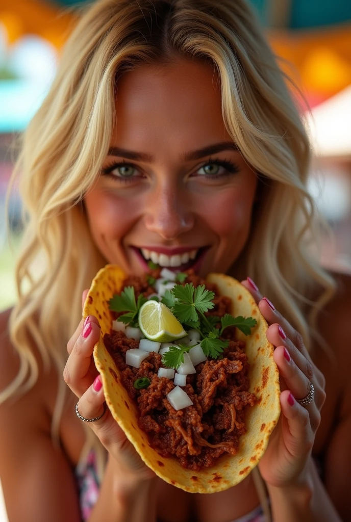 A blonde babe eating a barbacoa taco