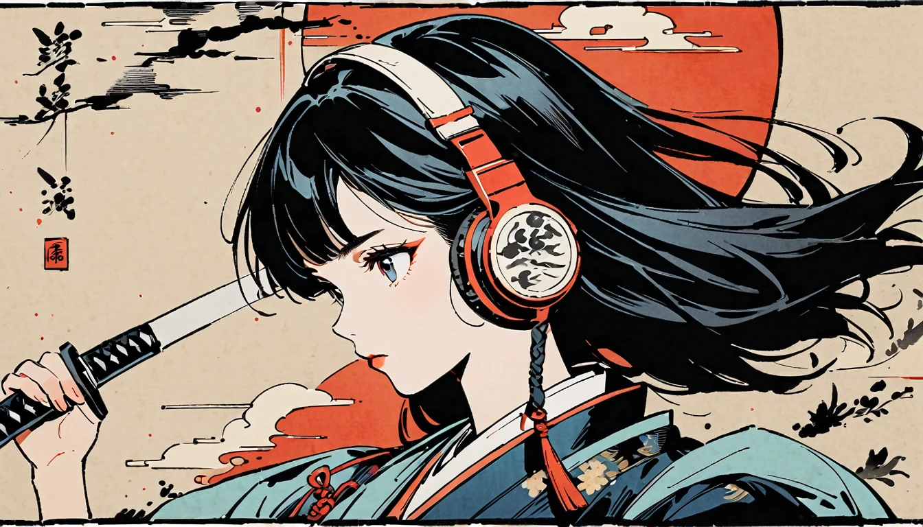 Ink Painting, (((1 girl))), (((samurai))), (((Japanese sword))), Japanese style headphones, beautiful girl, Black Hair, Delicate and precise, Modern ukiyo-e style, vivid color