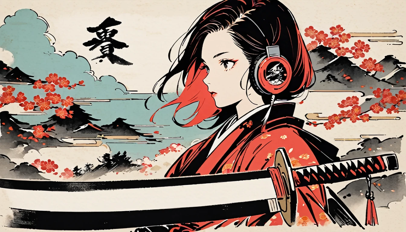 Ink Painting, (((1 girl))), (((samurai))), (((Japanese sword))), Japanese style headphones, beautiful girl, Black Hair, Delicate and precise, Modern ukiyo-e style, vivid color