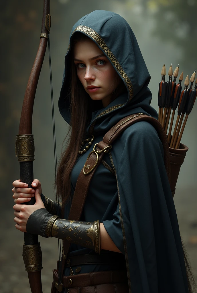 Draw a female half-elf with white skin, little elf ears, chestnut hair, eyes black, wearing a black cloak with gold details and a built-in hood holding a crossbow in his hands and a quiver on his back with a handful of arrows.