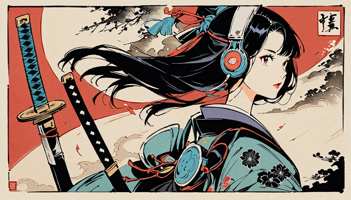 Ink Painting, (((1 girl))), (((samurai))), (((Japanese sword))), Japanese style headphones, beautiful girl, Black Hair, Delicate and precise, Modern ukiyo-e style, vivid color