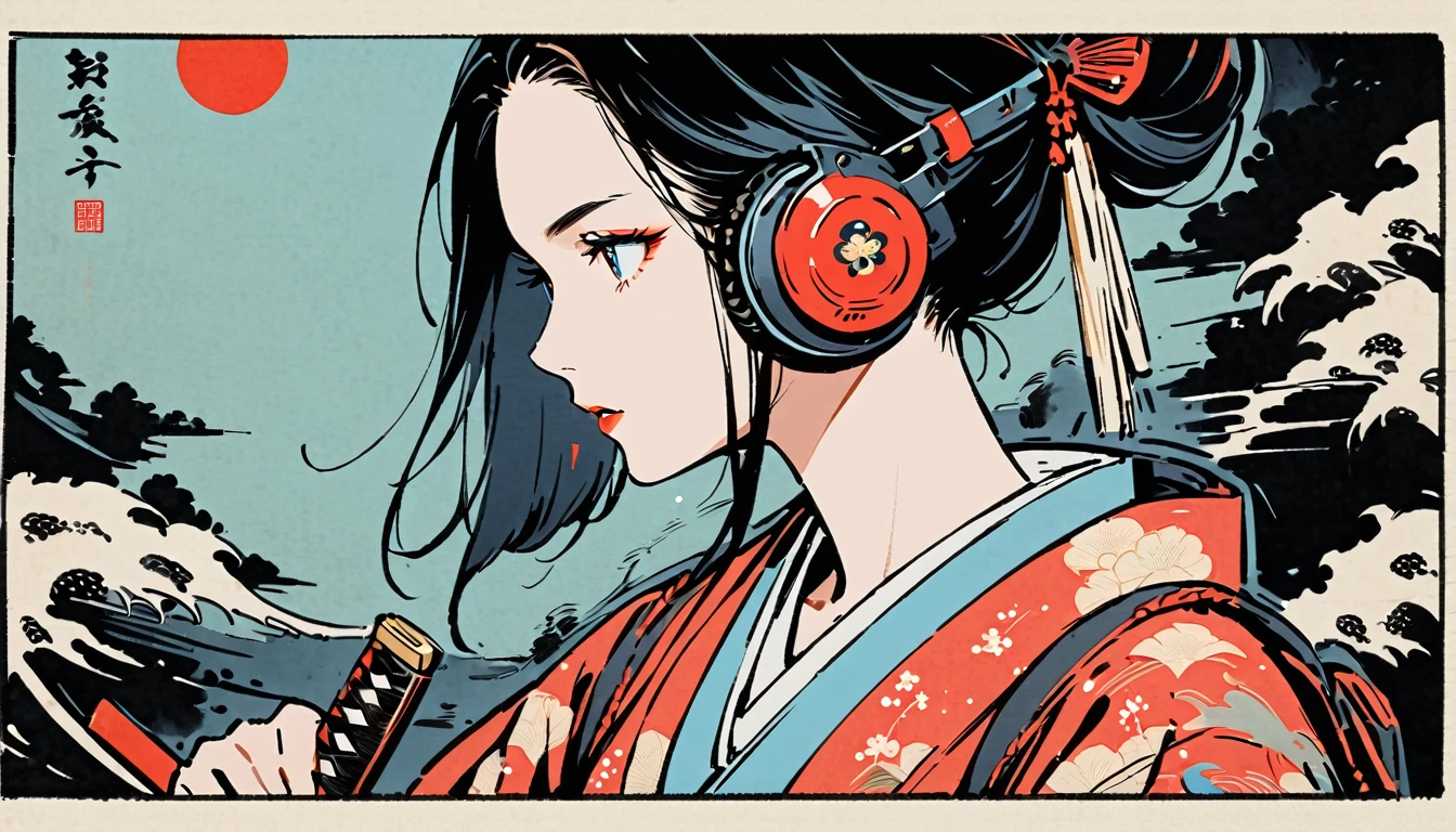 Ink Painting, (((1 girl))), (((samurai))), (((Japanese sword))), Japanese style headphones, beautiful girl, Black Hair, Delicate and precise, Modern ukiyo-e style, vivid color