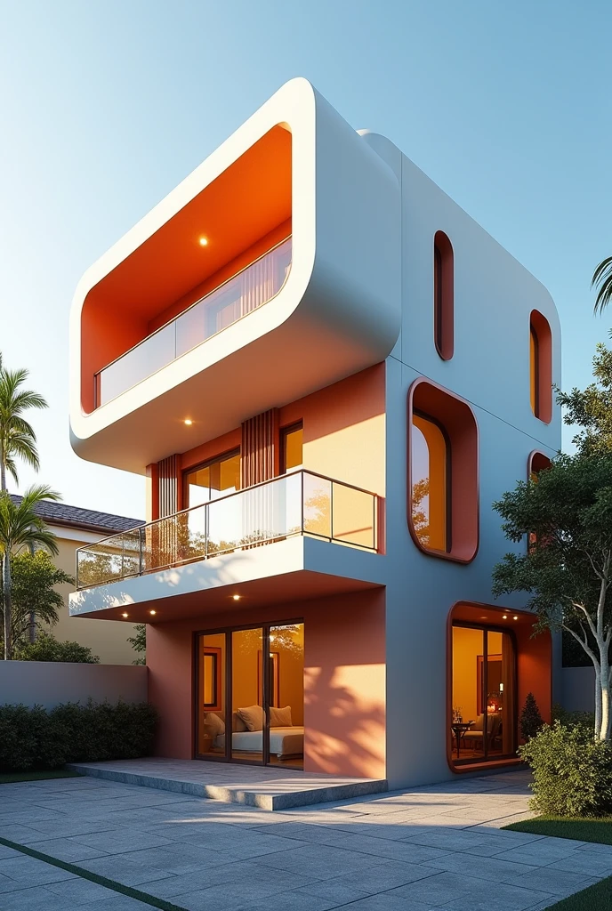 duplex moderne avec un seul etage construit sur 10m de large . avec un balcon et une façade avec des disingne realiste. avec de belle couleur . avec le soleil a midi
