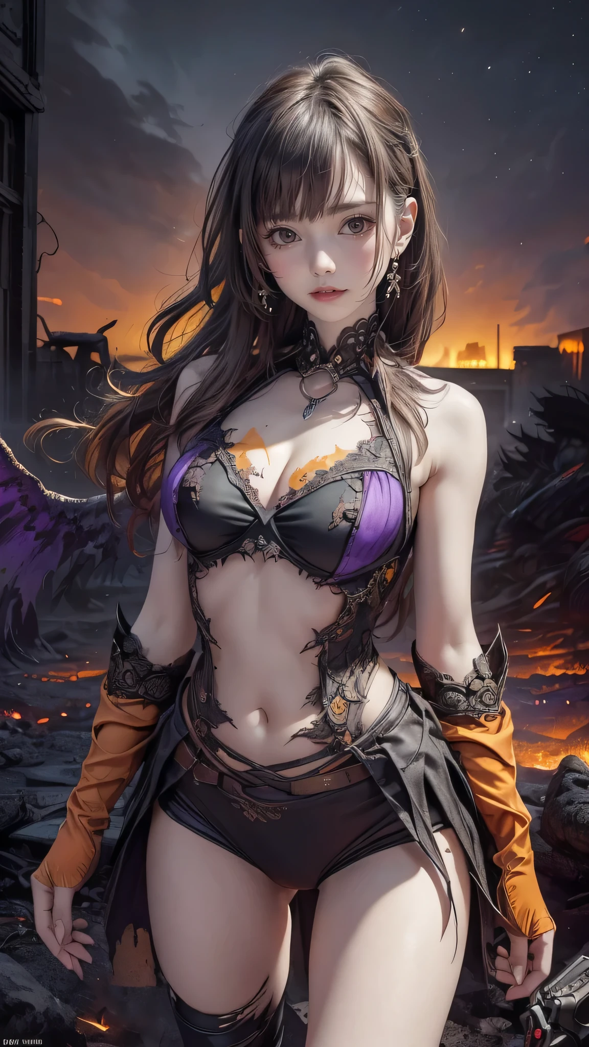 dark and torn, 1 young beautiful muscular body, fierce expression, holding a gun, (colors in your clothes, warm, orange, yellow, violet:1.3), standing in a desolate wasteland, dramatic lighting, intense shadows, sandy texture, tall contrast, vibrant colors, dynamic pose, powerful posture, rough background, explosive atmosphere, dystopian theme, surreal elements, digitally painted illustration, high definition resolution, intricate details, dramatic composition, avant-garde and chaotic brushstrokes, Gothic style, intense emotions, epic scale, raw and gritty feeling, Captivating and provocative works of art.., (at night, darkness:1.5)