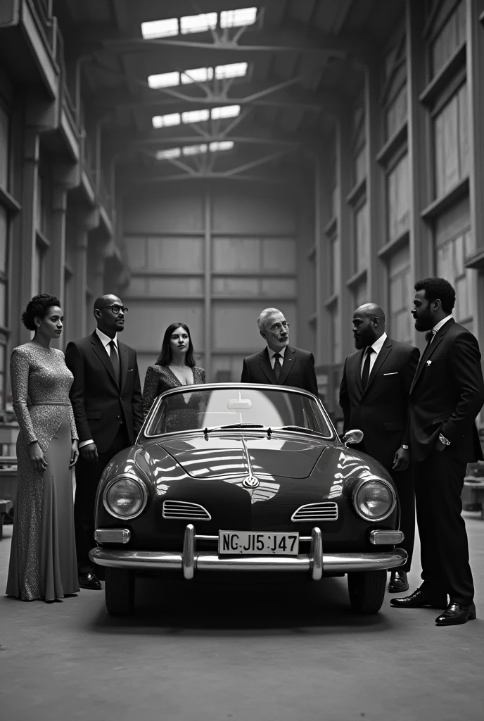 Realistic black and white photography. The photo takes place in 1980. The photo shows 3 men and 3 women dressed in formal and elegant clothes.. Some are sitting and some are standing. One of the men is black, aged 60, with formal clothes, beard and mustache. Everyone is in a big mechanic shop. In front of them all, there is a karmann ghia volkswagen.