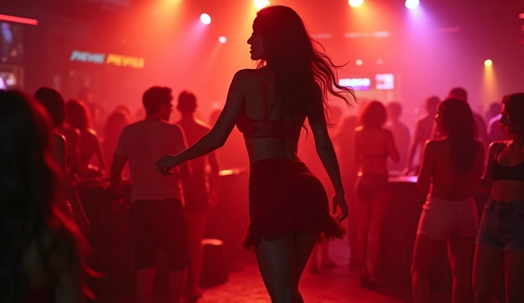 Real photo, best camera, nightclub atmosphere light, One beautiful and sexy girl dancing reggaeton, twerk, booty, full body miniskirt red