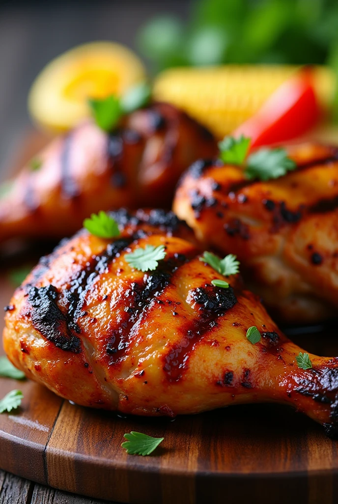 Create a high-quality photograph of grilled chicken, showcasing its delicious, smoky flavors. The image should feature a close-up view of the grilled chicken, highlighting its charred, crispy skin and juicy interior. Arrange the chicken pieces attractively on a plate or wooden board, with garnishes like fresh herbs, sliced vegetables, or a side of grilled corn for added color and texture. Use natural or soft lighting to accentuate the rich colors and textures of the grilled chicken, ensuring the lighting enhances the details without creating harsh shadows. The background should be simple and neutral to keep the focus on the food. The photograph should be sharp and vibrant, capturing the appetizing, flavorful appeal of the grilled chicken.